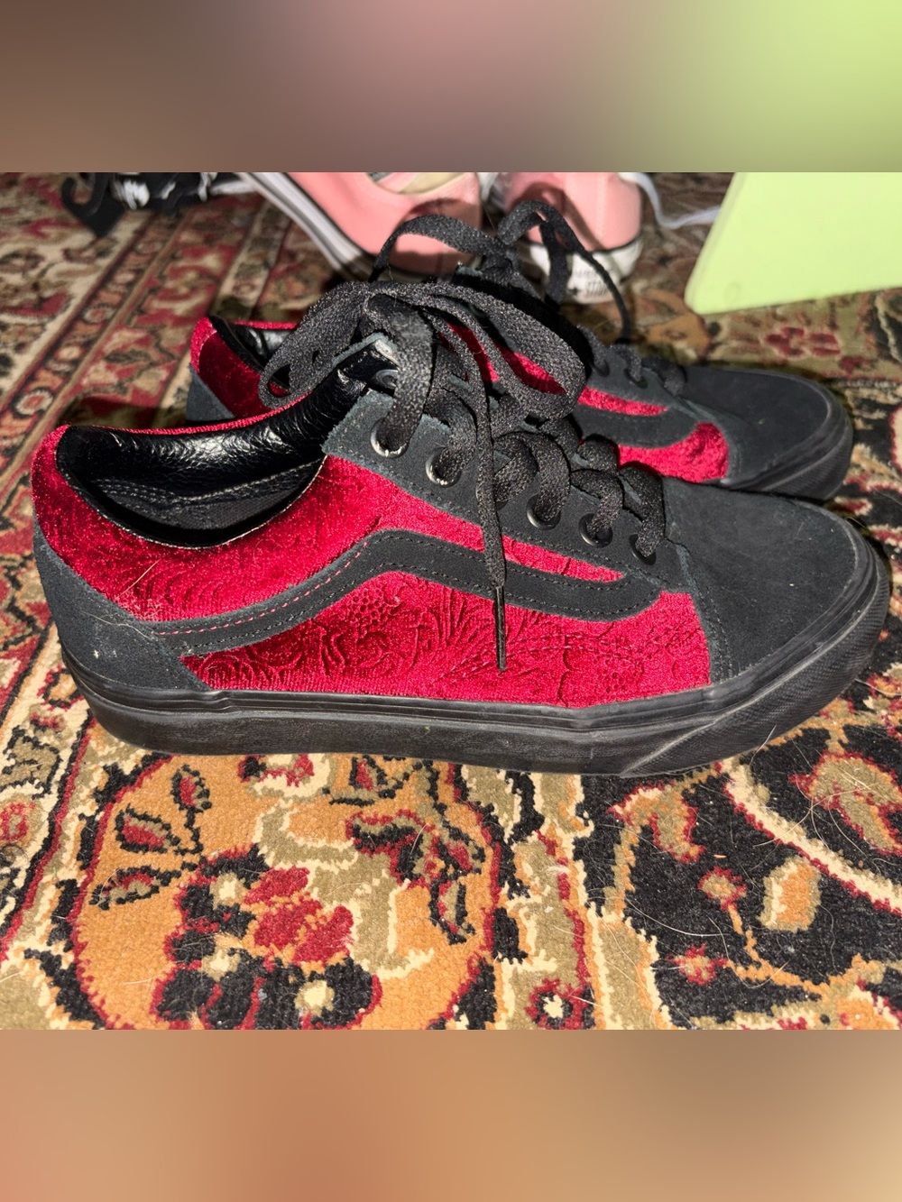 Vans Black and Red Velvet Low-Top Sneakers
